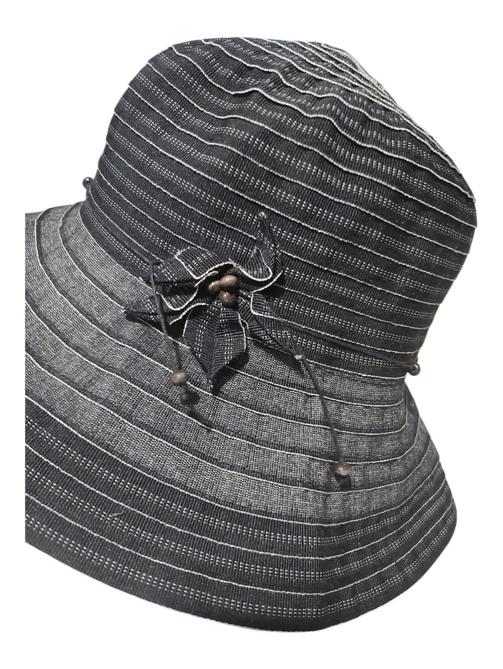 Parkhurst Black Packable Ribbed Mesh Sun Hat Foldable Bucket Cloche Wood Bead